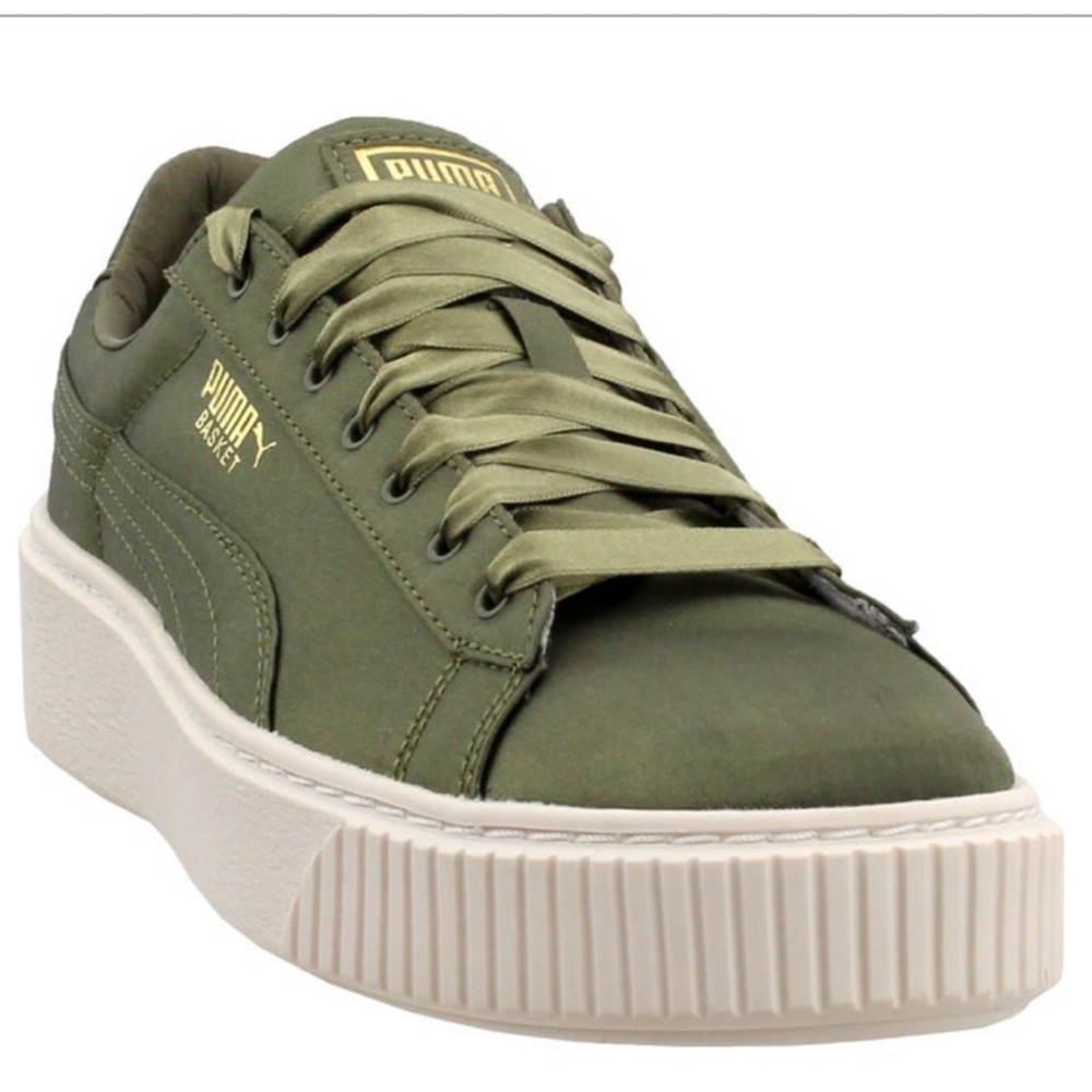 PUMA olive green basketball platform satin shoes